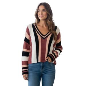 Trendy Threads Colorful Stripes Vneck Open Knit Long Sleeve Sweater size L